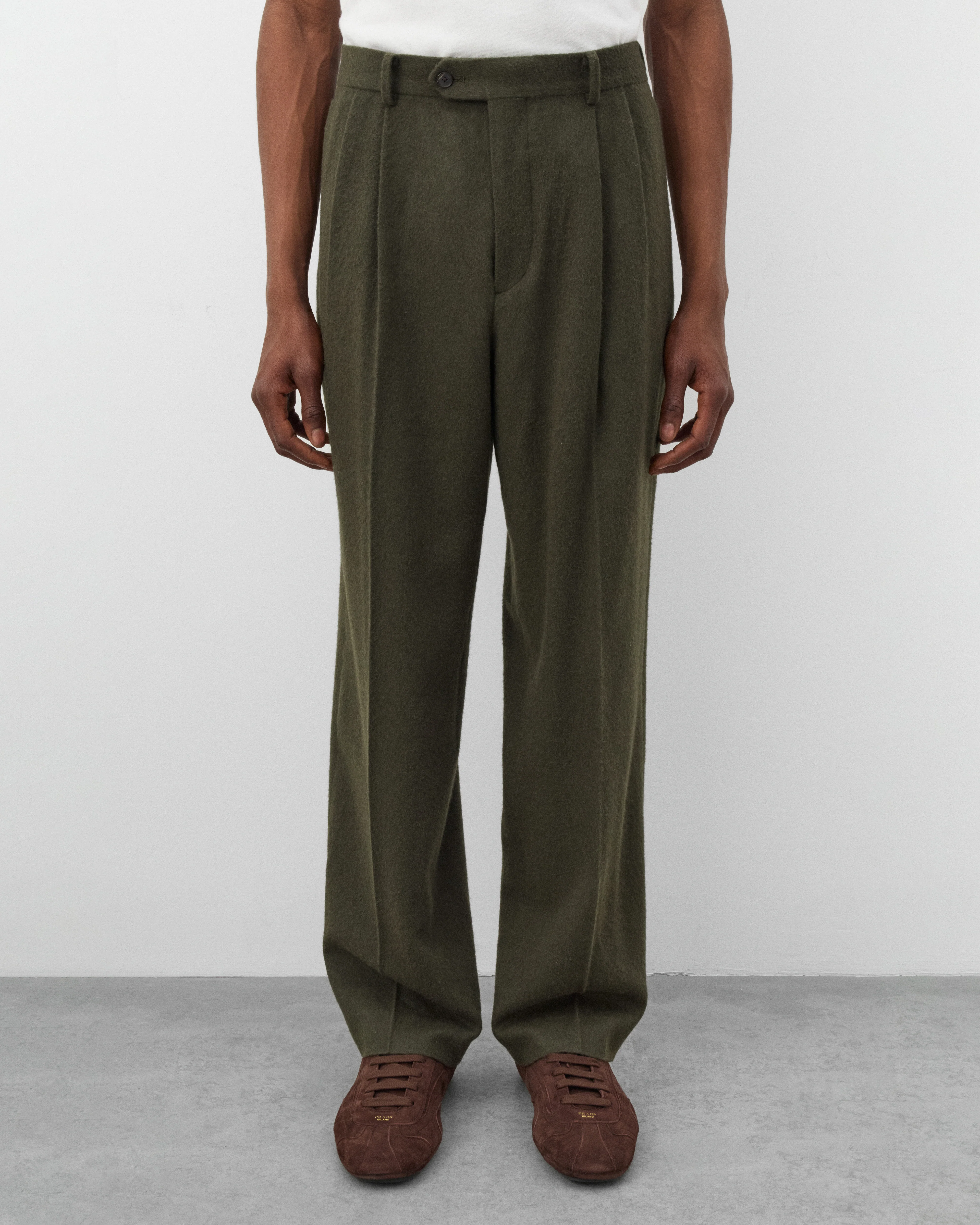 Auralee - Men's Baby Camel Flannel Two-Tuck Slacks - (Dark Olive) - Image 3