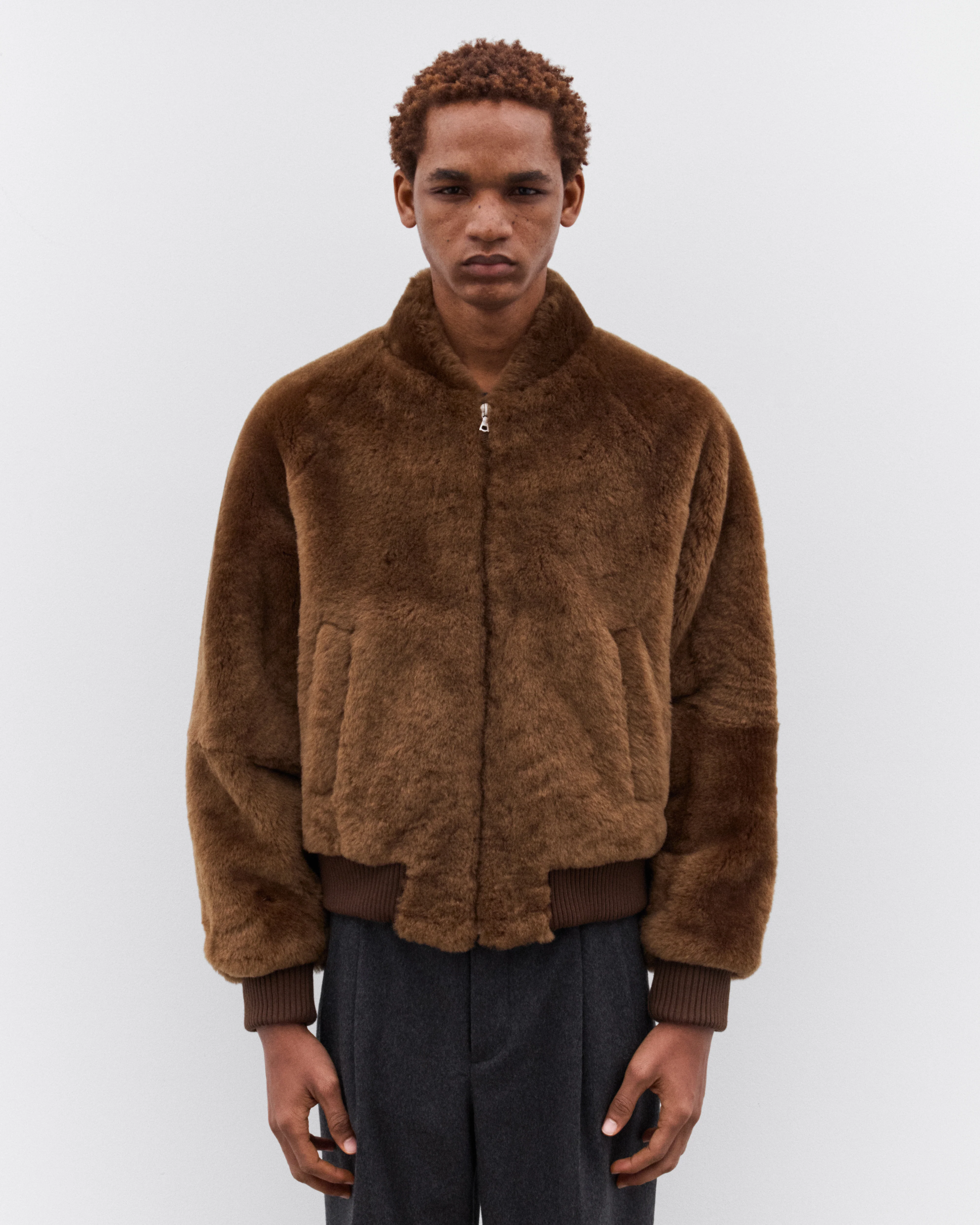Auralee - Men’s Straight Merino Mouton Zip Blouson - (Brown) - Image 3