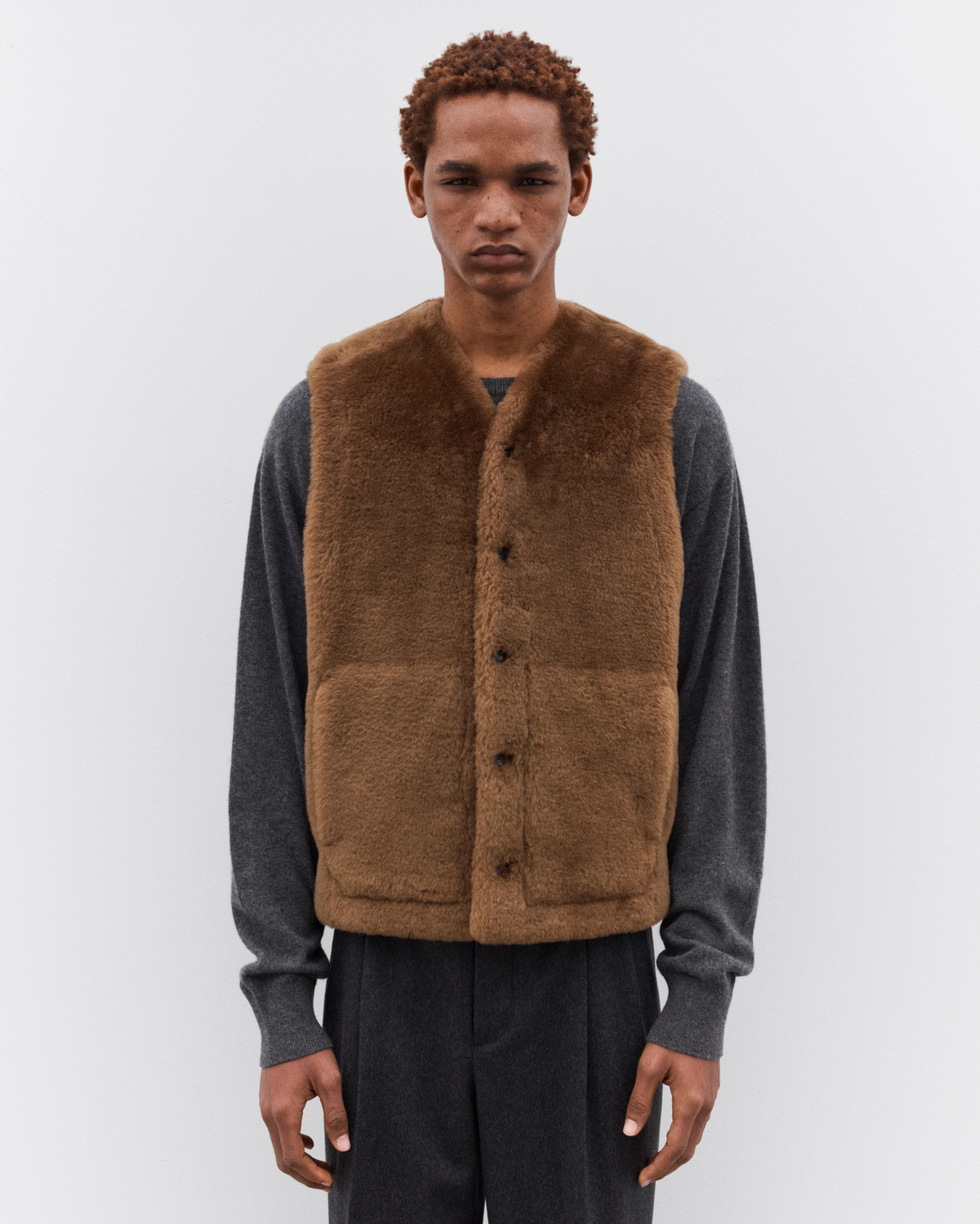 Auralee - Men’s Straight Merino Mouton Vest - (Brown) - Image 3