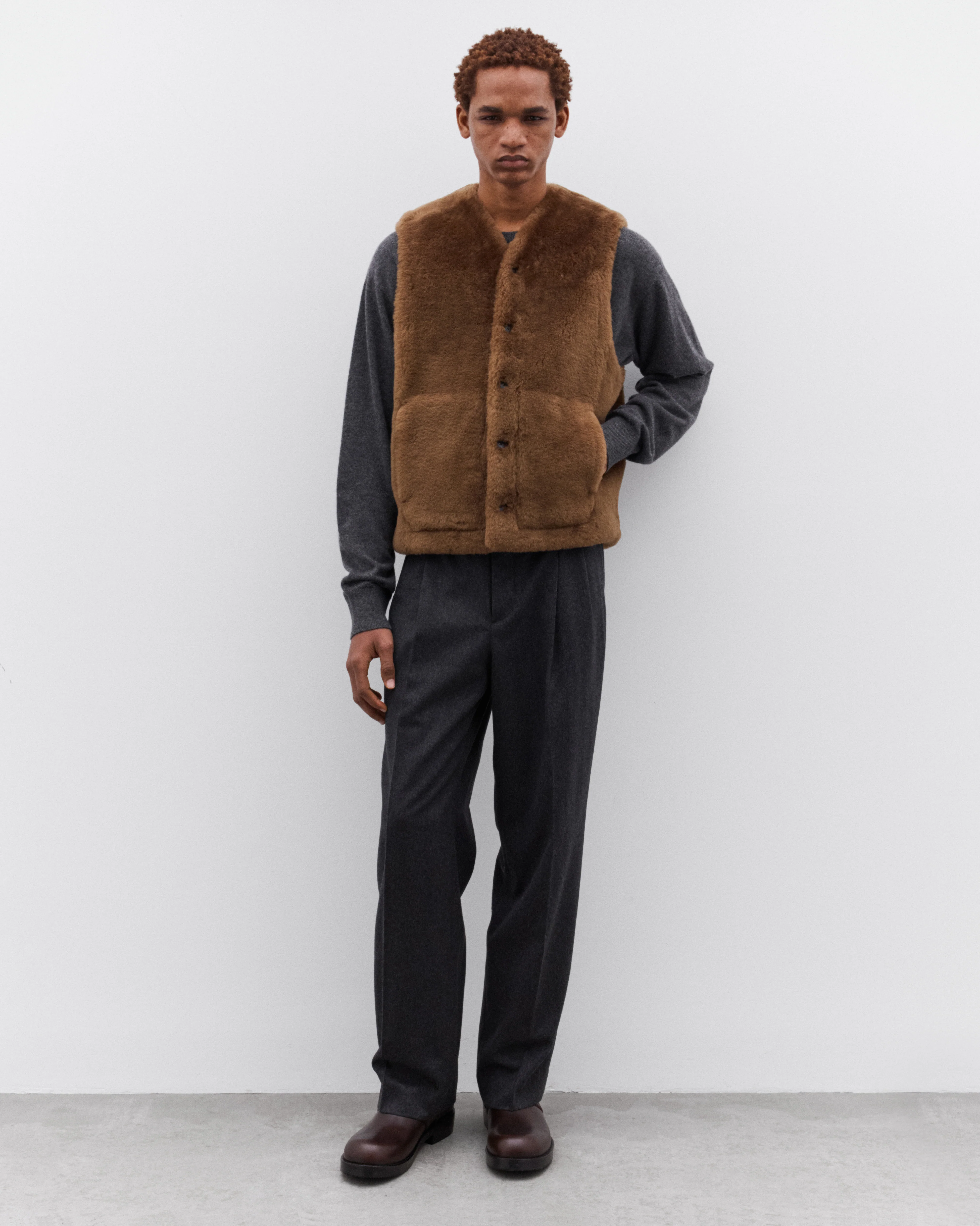 Auralee - Men’s Straight Merino Mouton Vest - (Brown) - Image 6