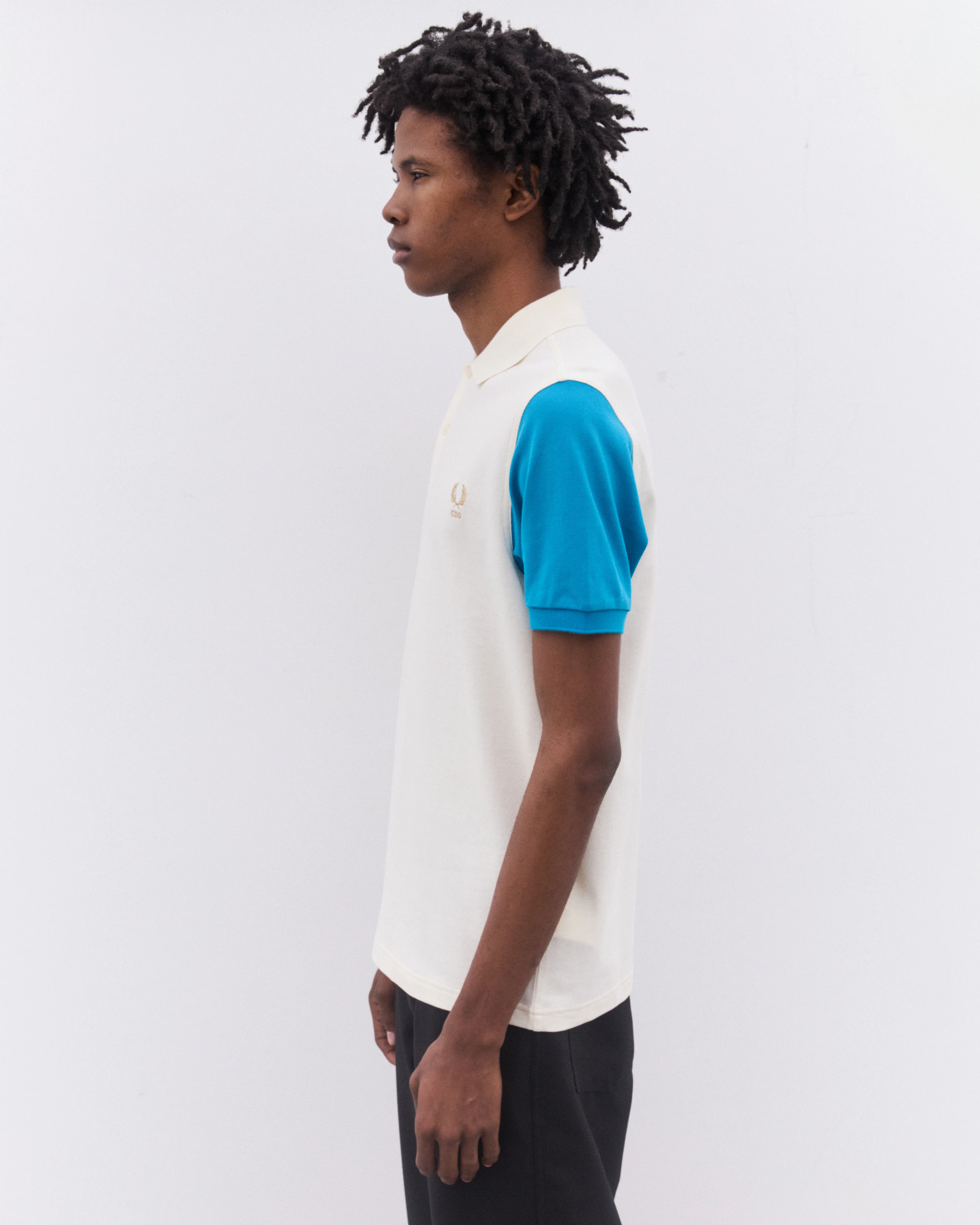 CDG Shirt - Men’s Fred Perry Short Sleeve Polo Shirt - (Ecru/Camel/Cyan) - Image 3