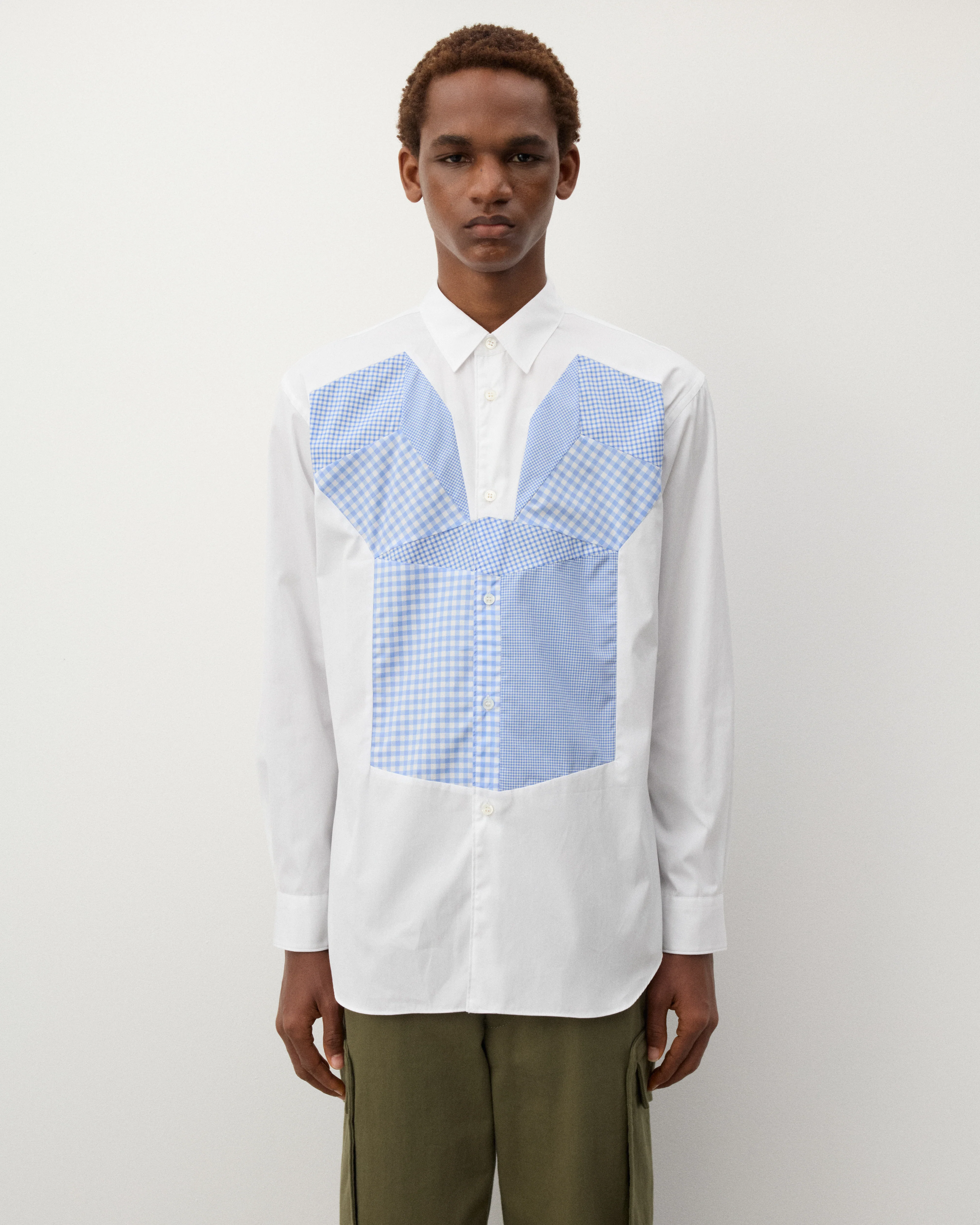 CDG Shirt - Men's Geometric Check Pattern Shirt - (White/Blue) - Image 3