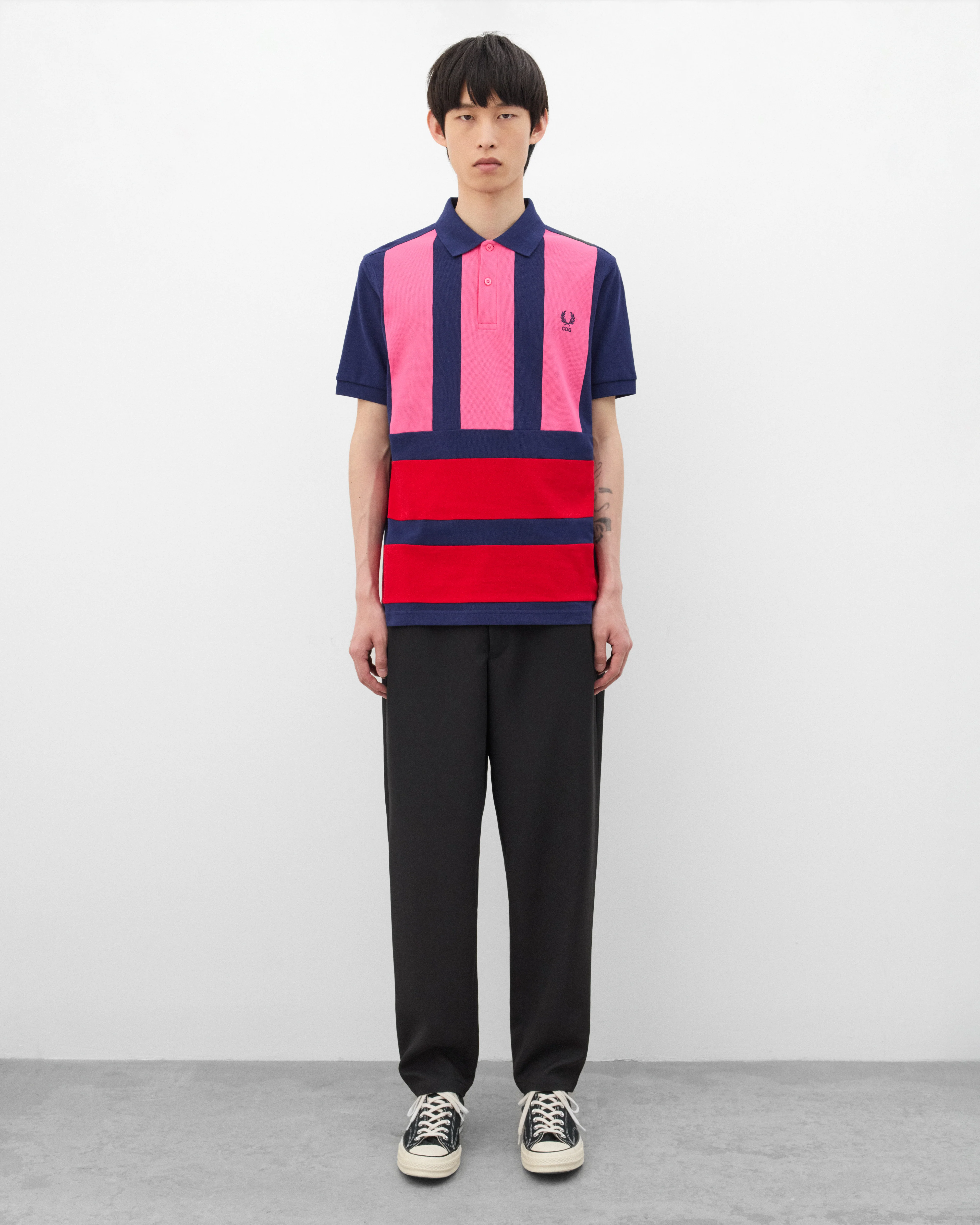 CDG Shirt - Men's Fred Perry Short Sleeve Polo - (Navy/Pink/Red) - Image 6