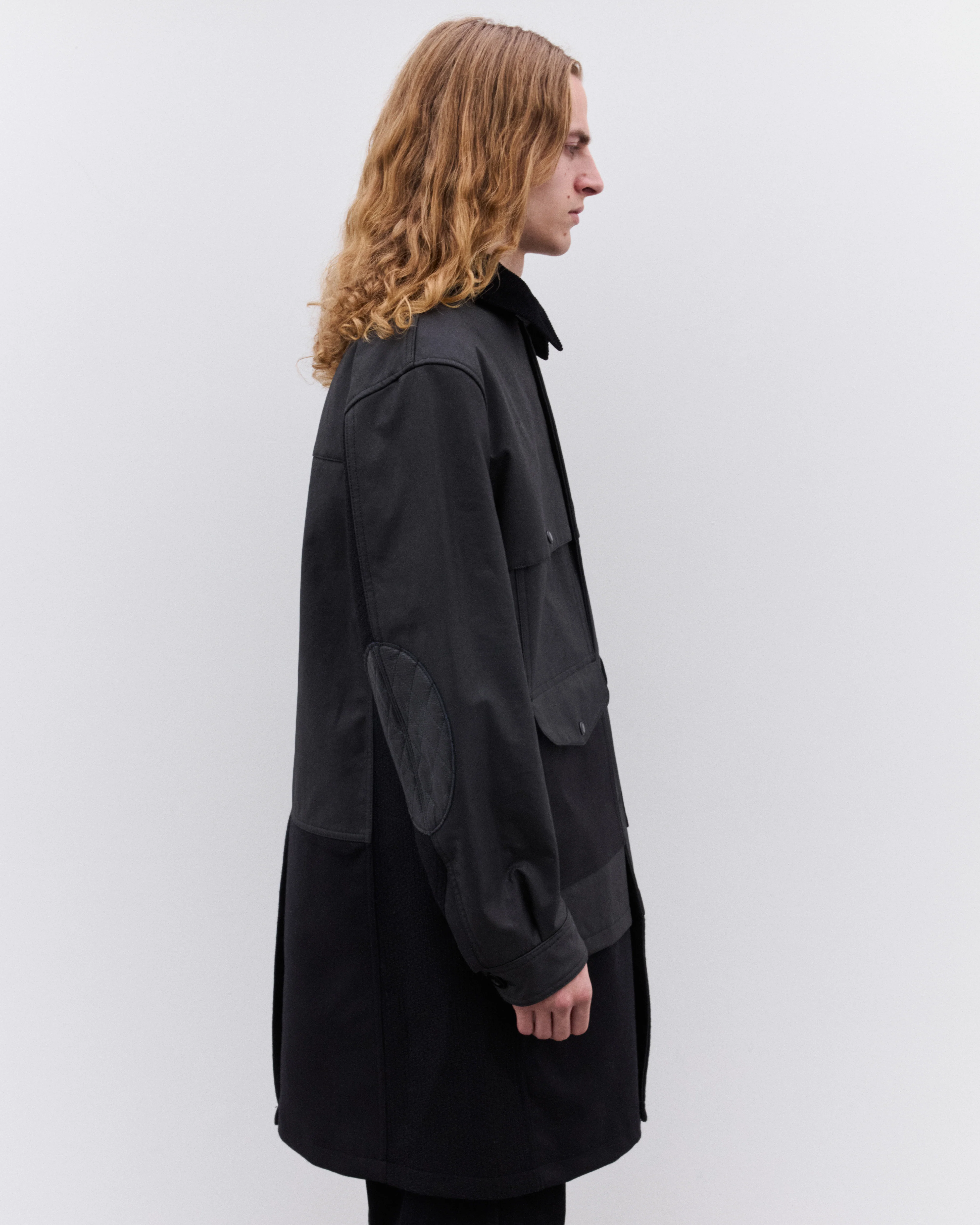 Junya Watanabe Man - Filson Men's Wool Flannel x Leather Long Coat - (Black) - Image 3