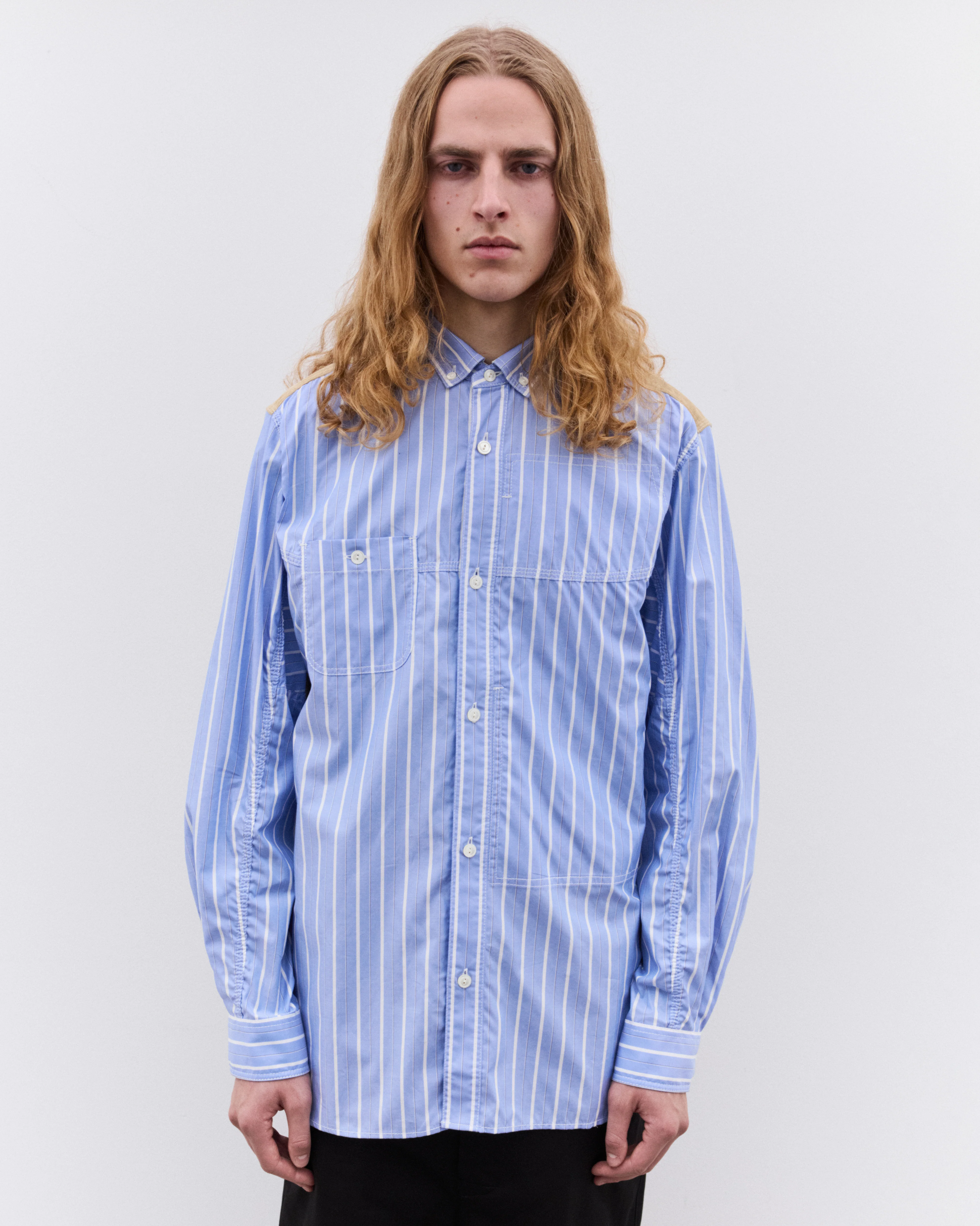 Junya Watanabe Man - Men’s Striped and Canvas Shirt - (Blue/Beige) - Image 2