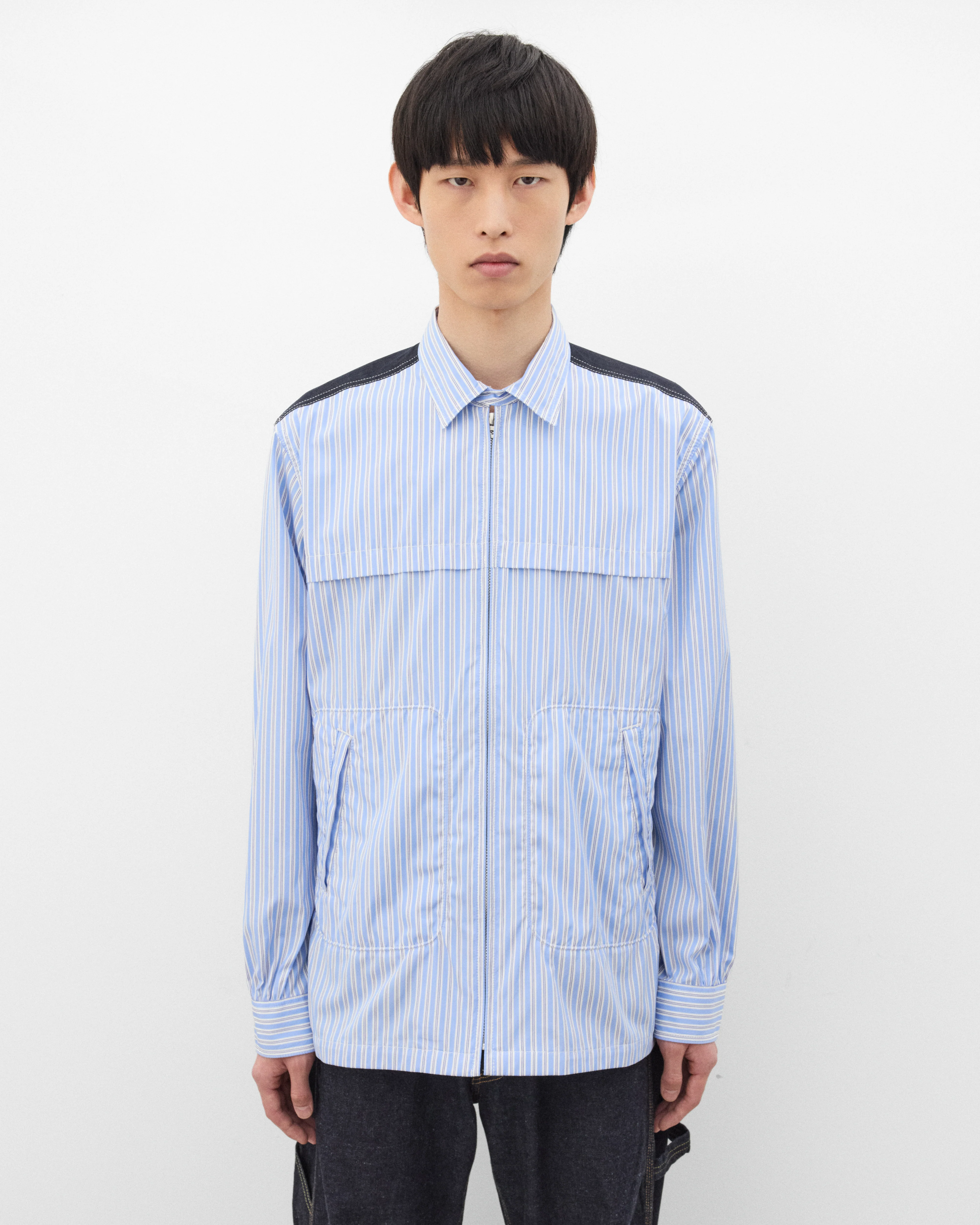 Junya Watanabe MAN - Men's Striped Zip Shirt - (White/Sax/Navy) - Image 3