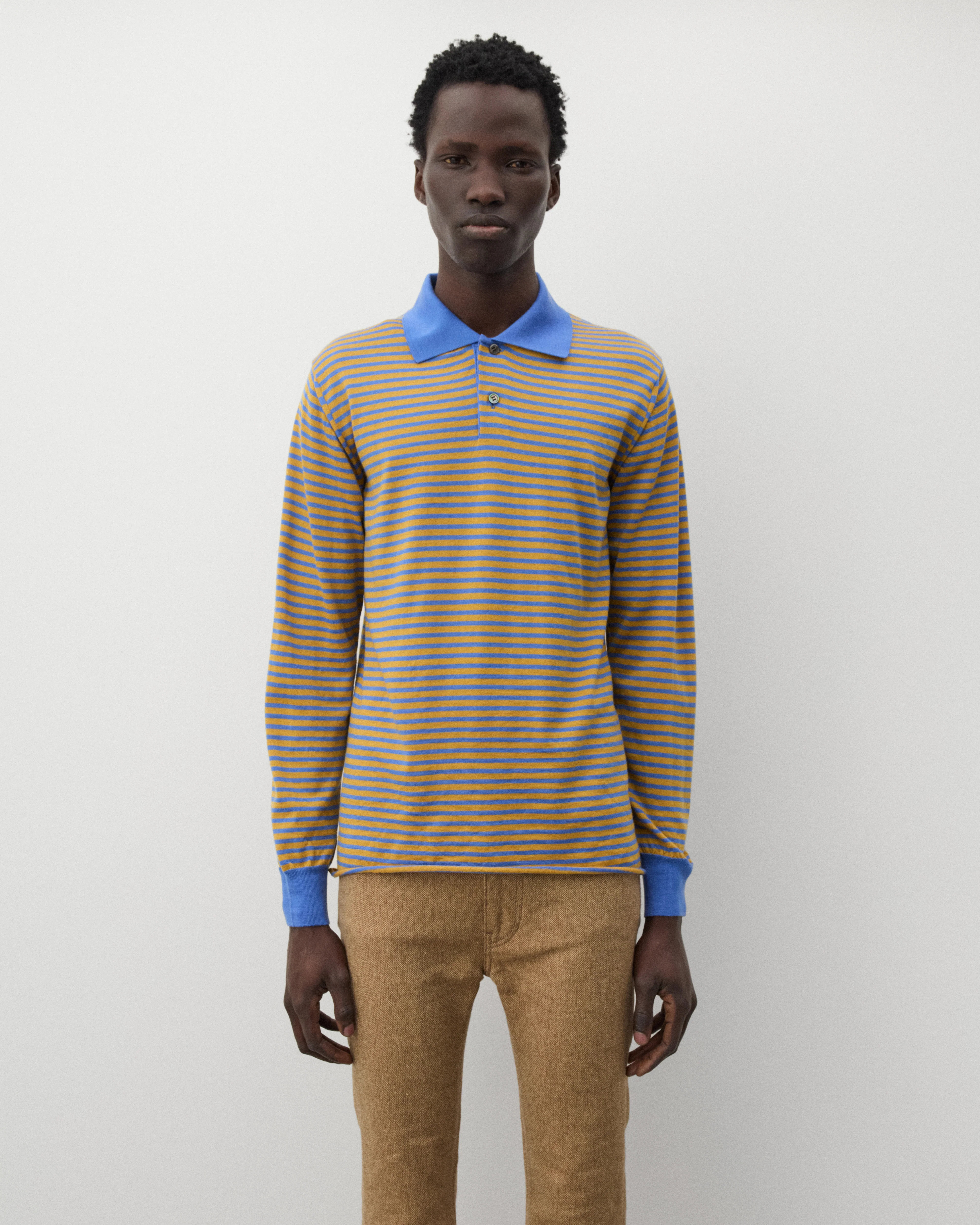 Junya Watanabe Man - Men's Striped Knit Polo Sweater - (Sax Blue/Yellow) - Image 3