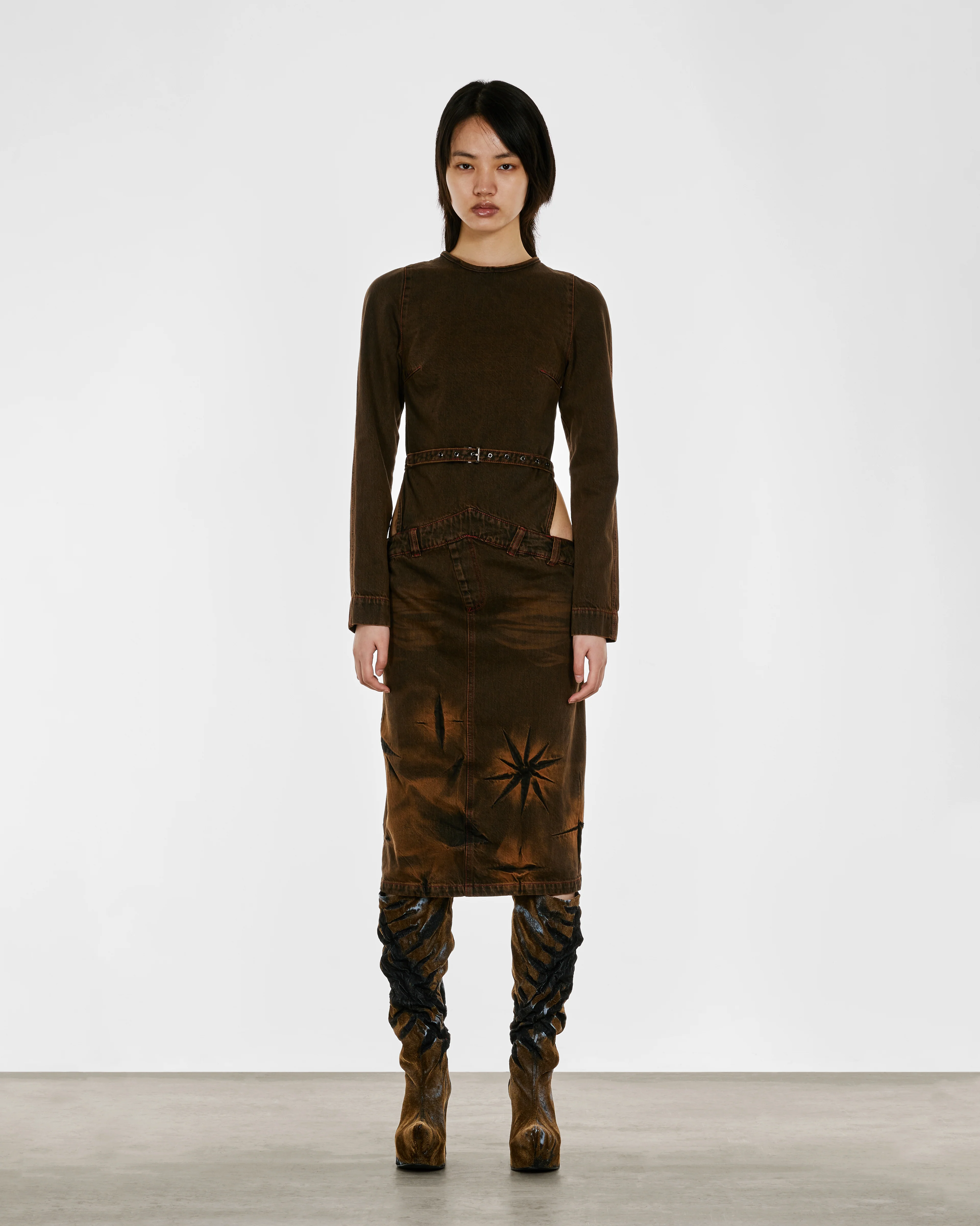 Masha Popova - Women’s Backless Denim Dress - (Mud Brown) - Image 2