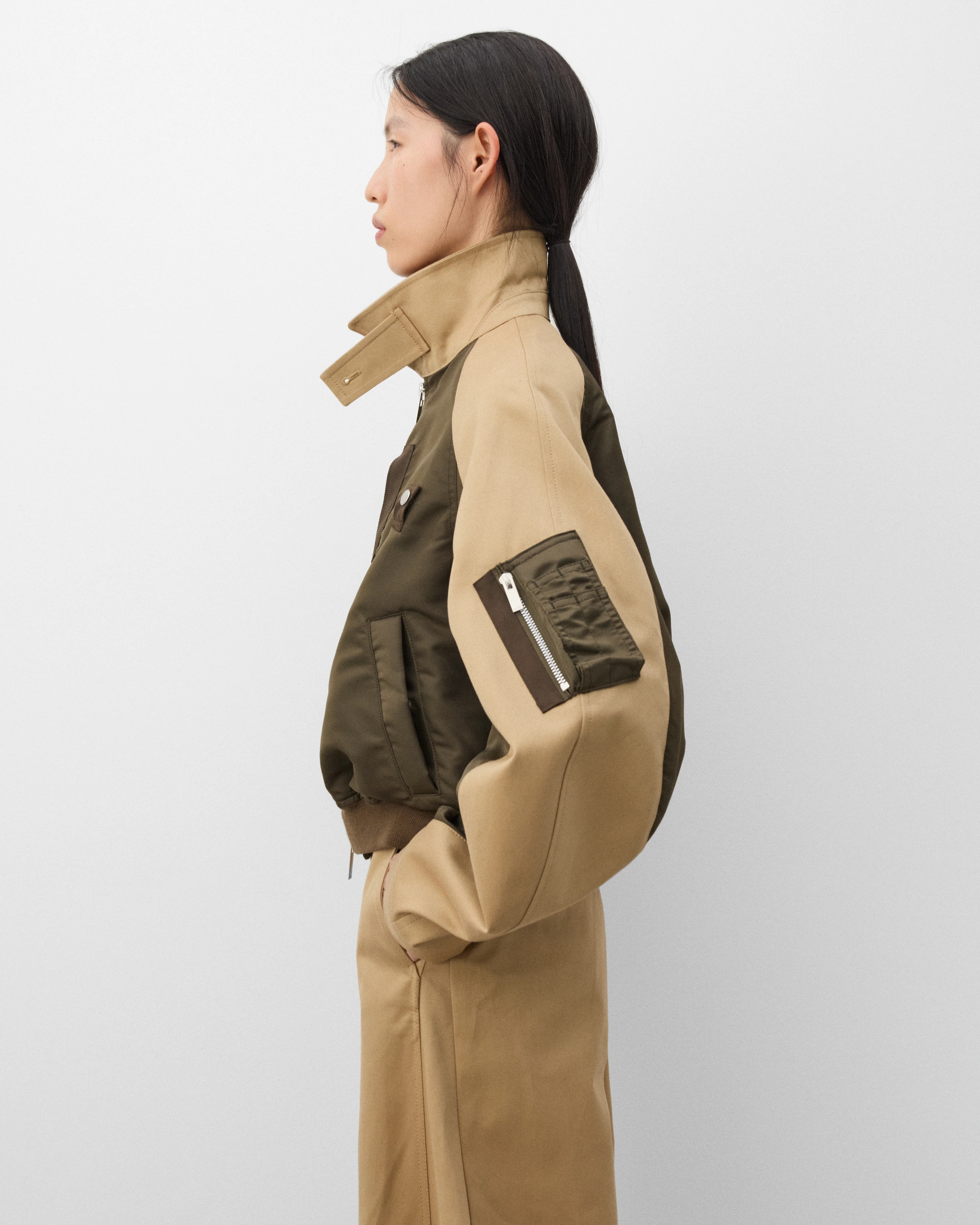 sacai - Women's Collared Bomber Jacket - (Khaki/Stone) - Image 4