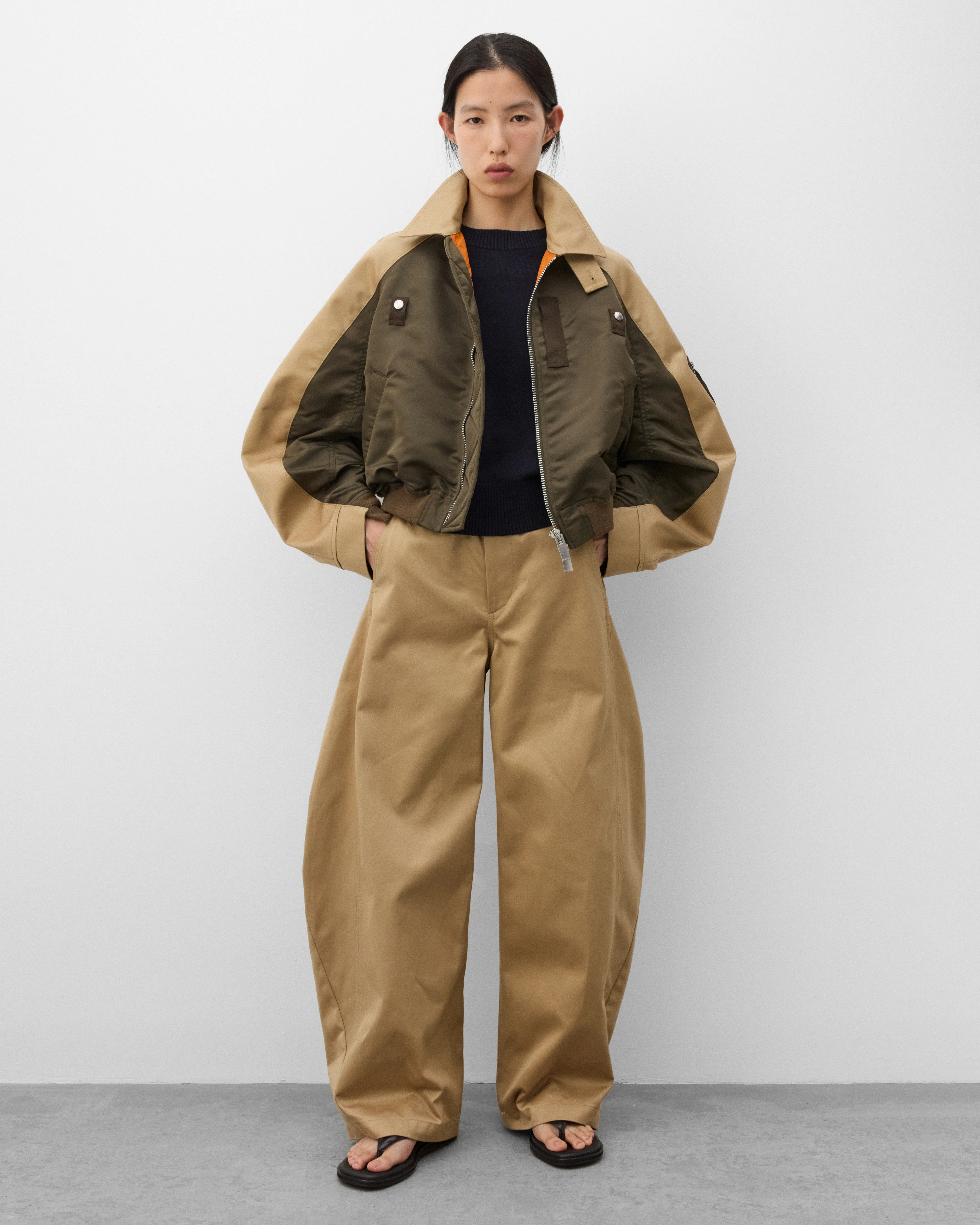 sacai - Women's Collared Bomber Jacket - (Khaki/Stone) - Image 6