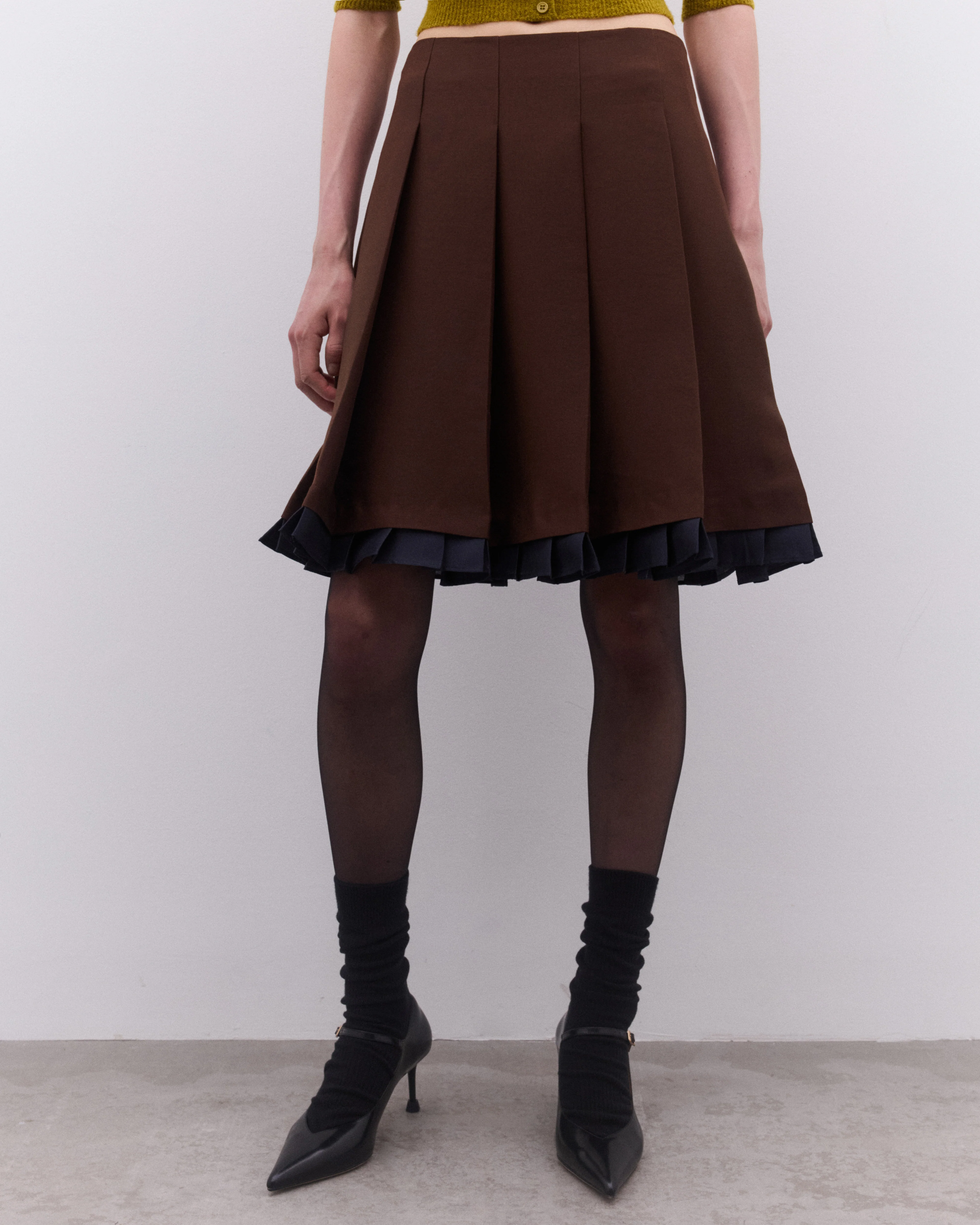 SHUSHU/TONG - Women’s Patchwork Lace Wide Pleat Skirt - (Brown) - Image 2