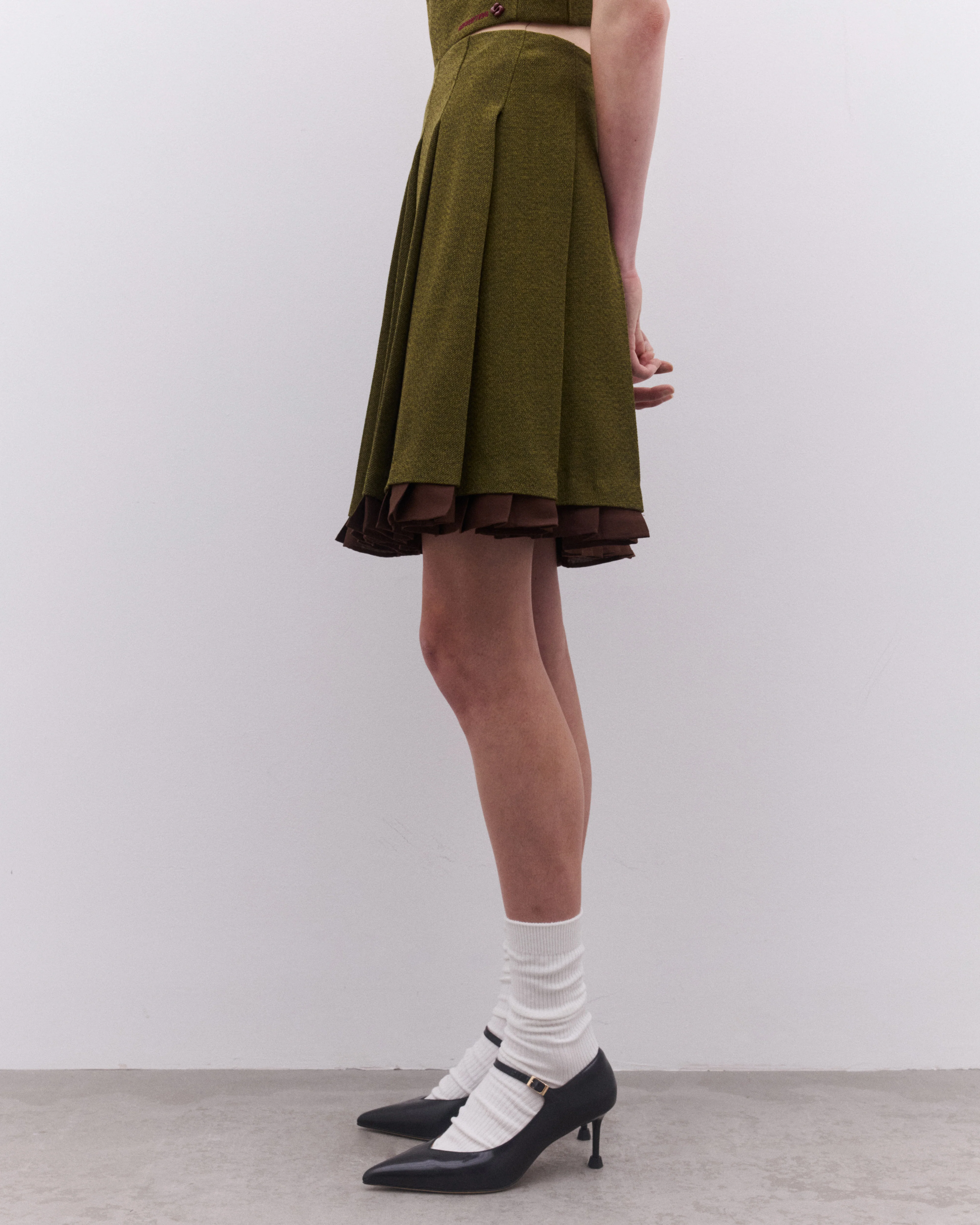 SHUSHU/TONG - Women’s Patchwork Lace Wide Pleat Skirt - (Green) - Image 3