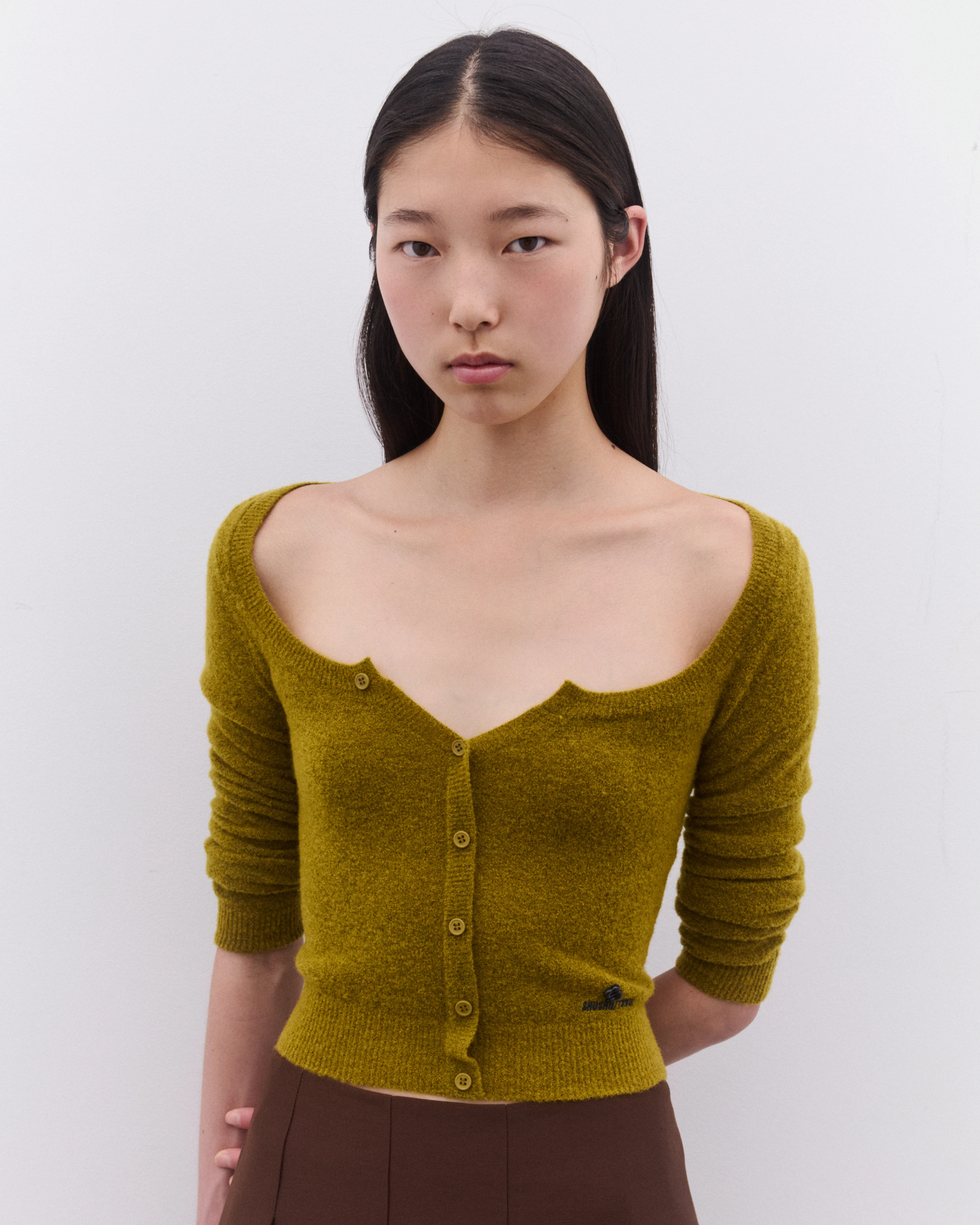 SHUSHU/TONG - Women’s Round Neck Fitted Cardigan - (Yellow Green) - Image 2