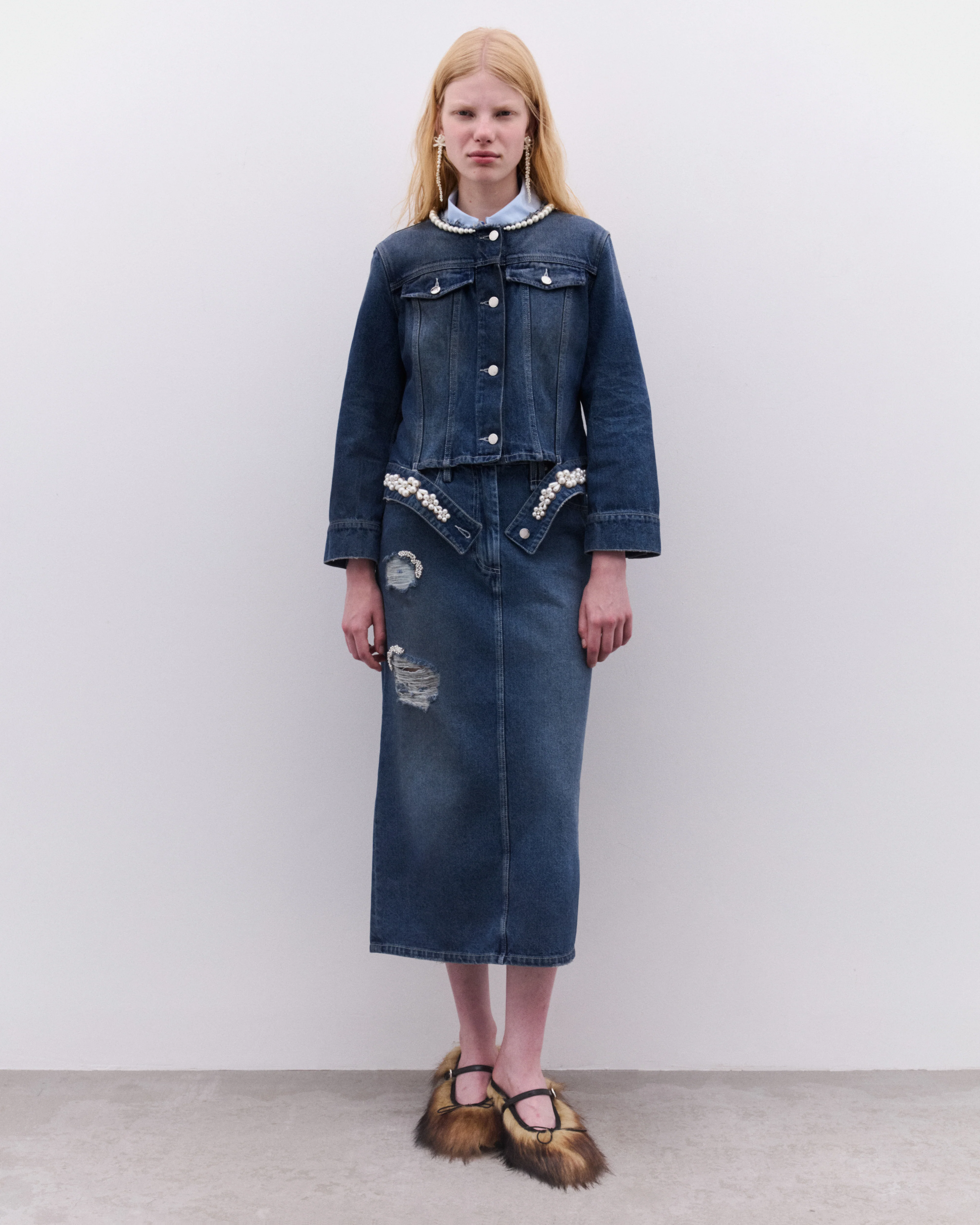 Simone Rocha - Women’s Turbo Embellished Fitted Waist Tail Jacket - (Blue/Pearl) - Image 6