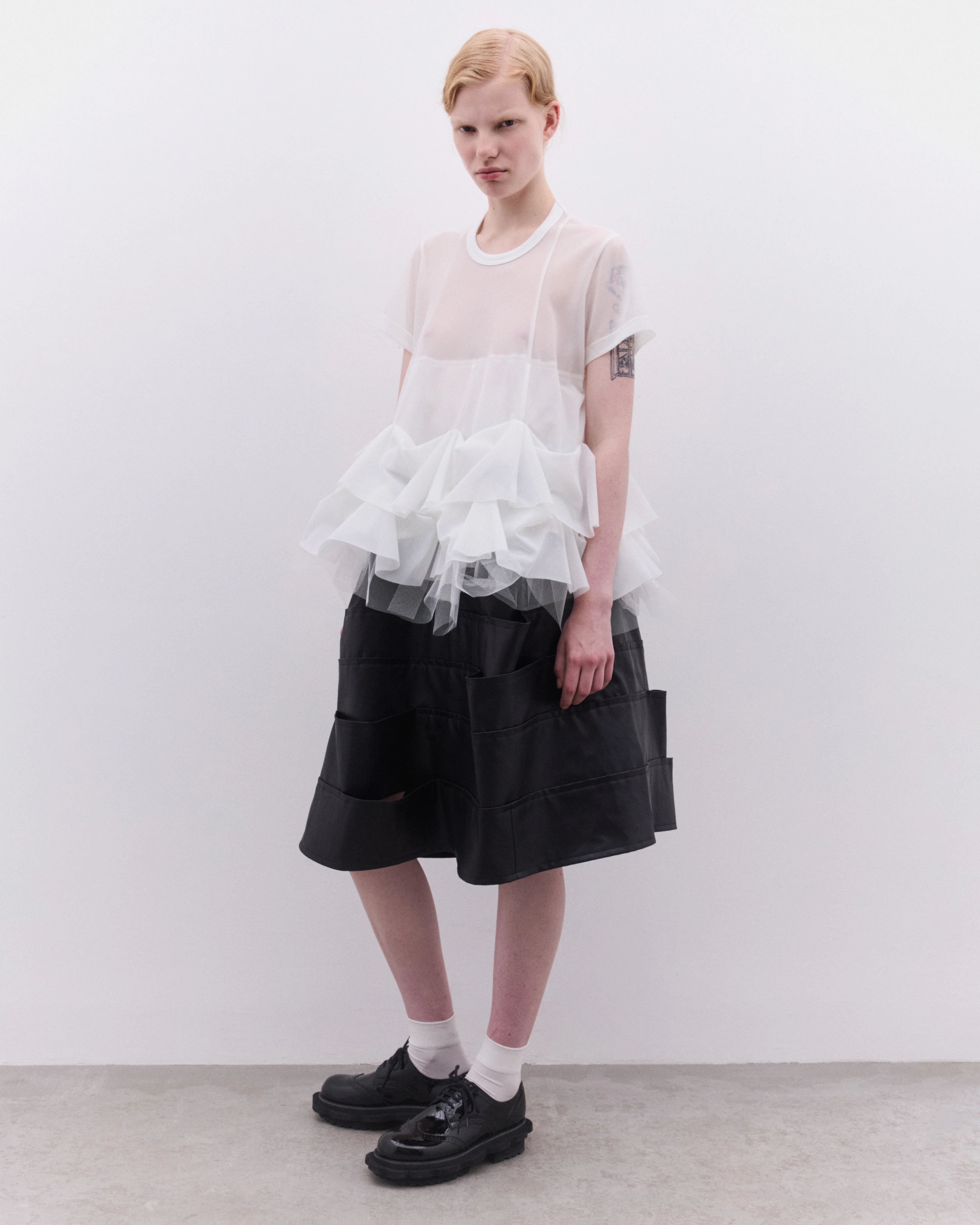 Tao - Women’s Short Sleeve Tulle Peplum Top - (White) - Image 6